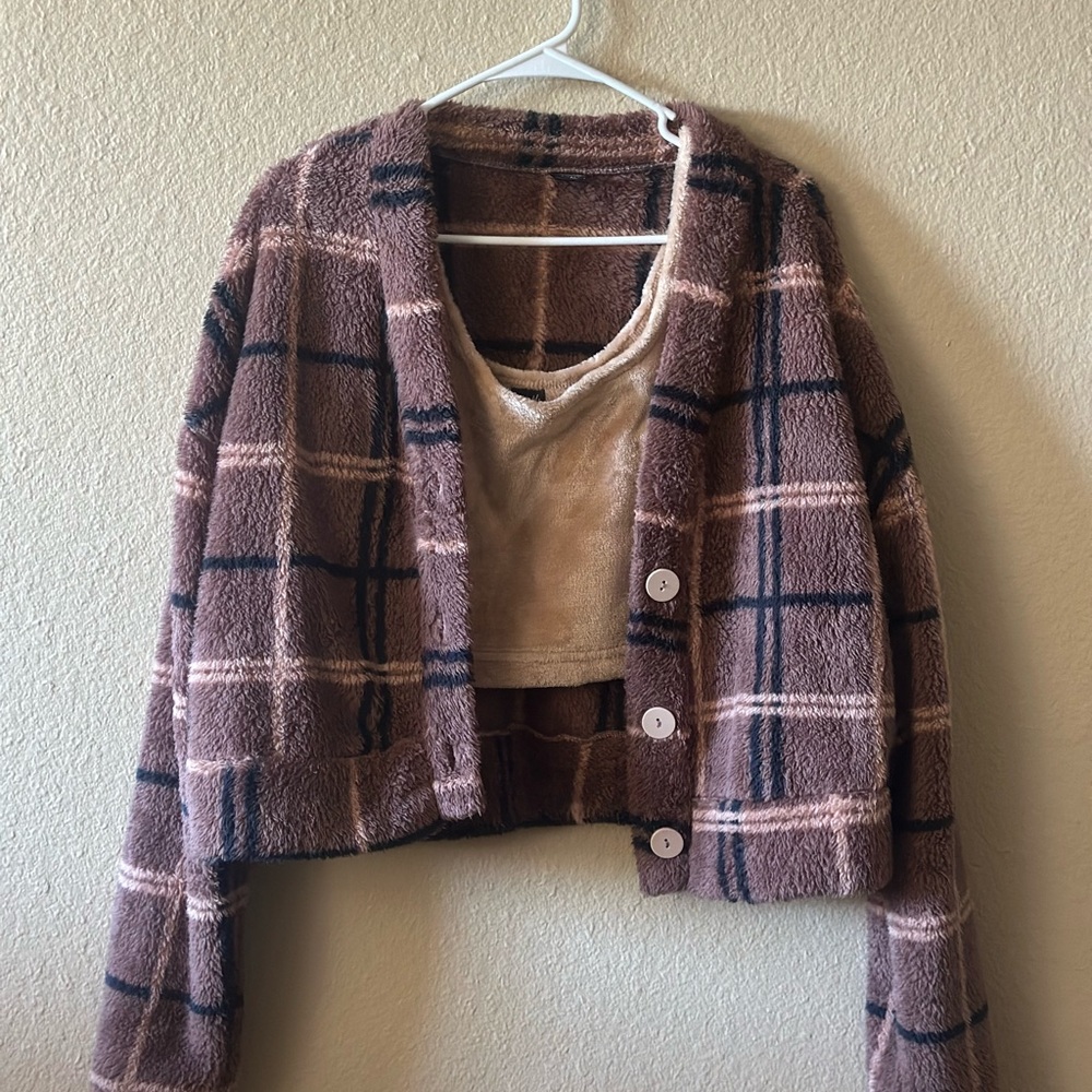 Plaid Fuzzy Cardigan